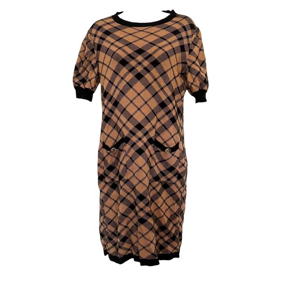 NY&C Knit Dress Sz M Argyle Preppy Dark Academia Plaid Cottagecore Puff Sleeve - Picture 2 of 13